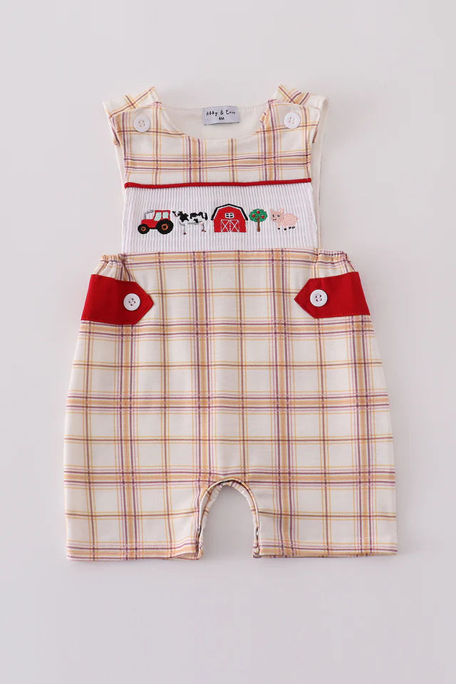 Khaki Farm Embroidered Smocked Plaid Jon Jon