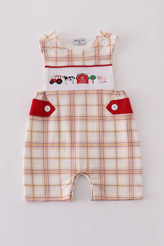 Khaki Farm Embroidered Smocked Plaid Jon Jon