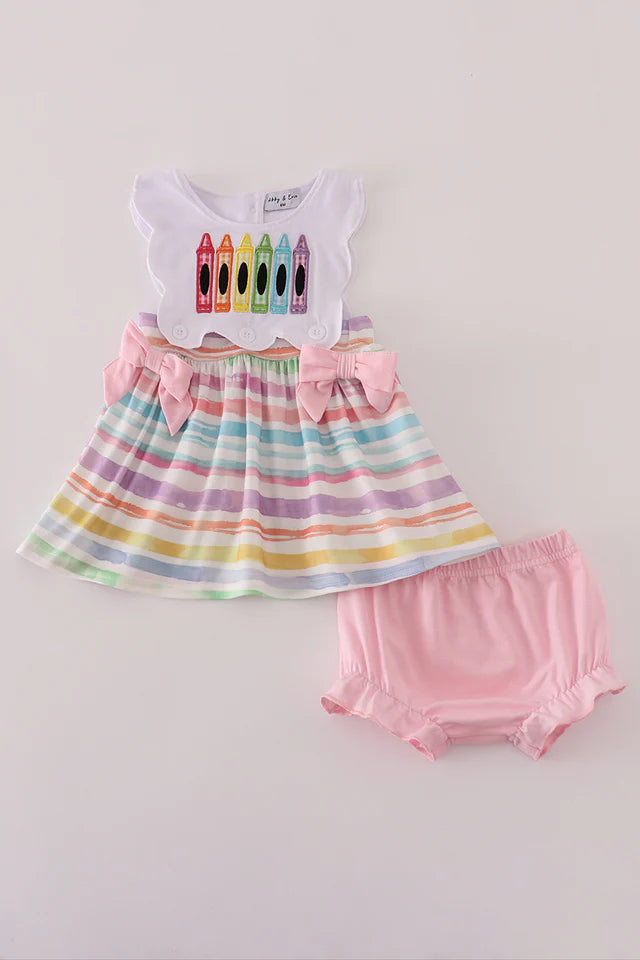 Pink Crayon Applique Bow Bloomer set