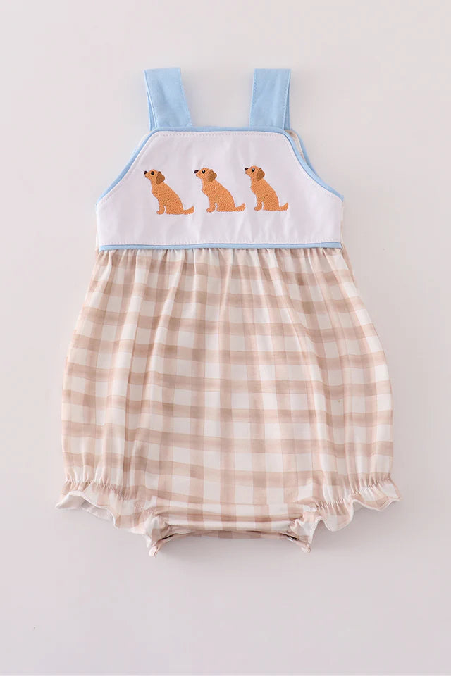 Beige Puppy Embroidery Gingham Bubble