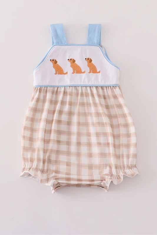 Beige Puppy Embroidery Gingham Bubble