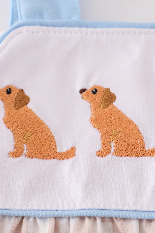 Beige Puppy Embroidery Gingham Bubble