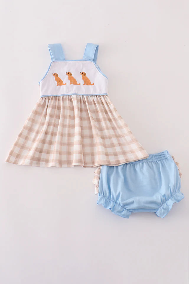 Beige Puppy Embroidery Gingham Bloomer Set