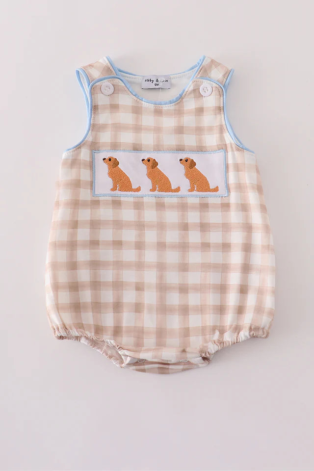 Beige Puppy Embroidery Gingham Bubble