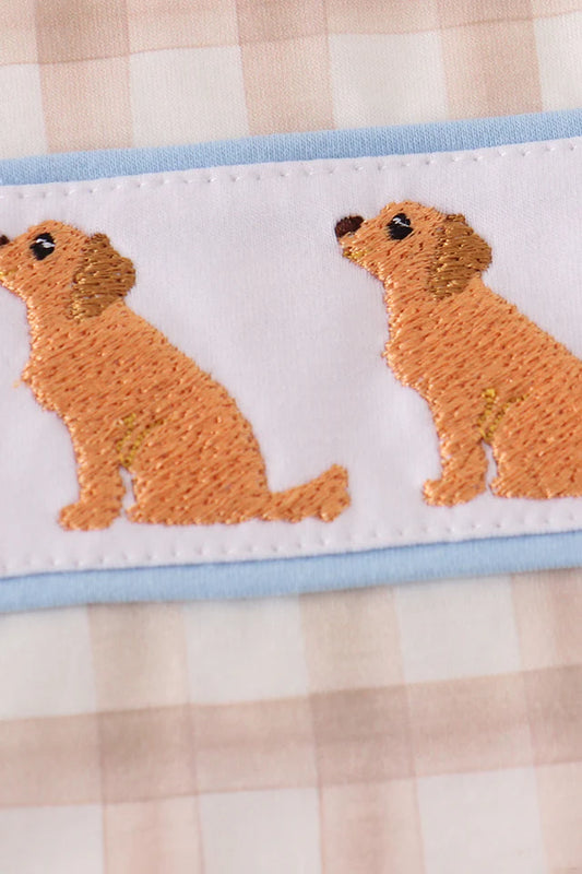Beige Puppy Embroidery Gingham Bubble