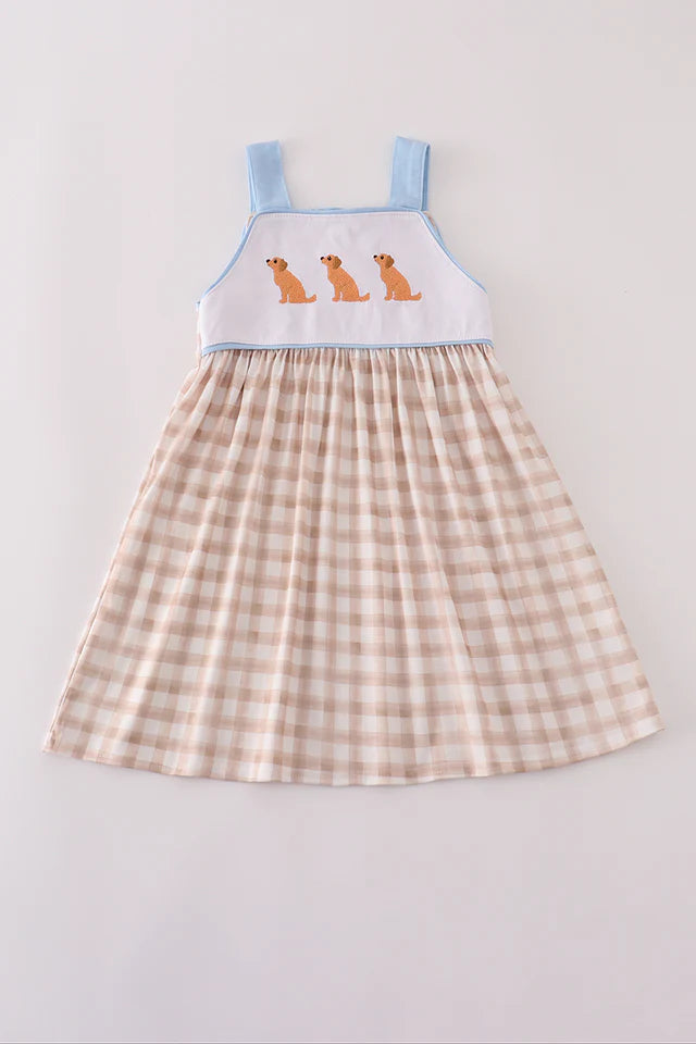 Beige Puppy Embroidery Gingham Dress
