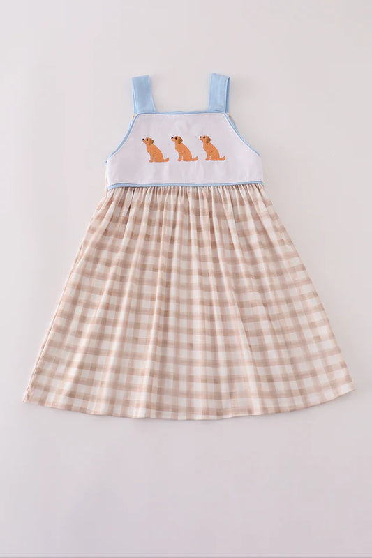 Beige Puppy Embroidery Gingham Dress