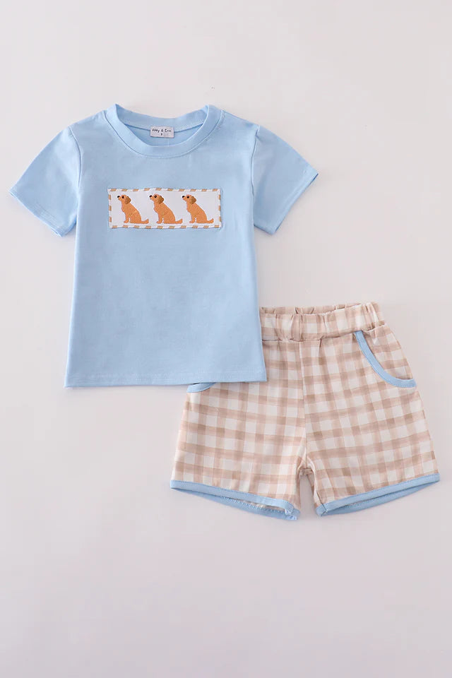 Beige Puppy Embroidery Gingham Shorts Set