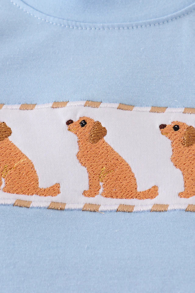 Beige Puppy Embroidery Gingham Shorts Set