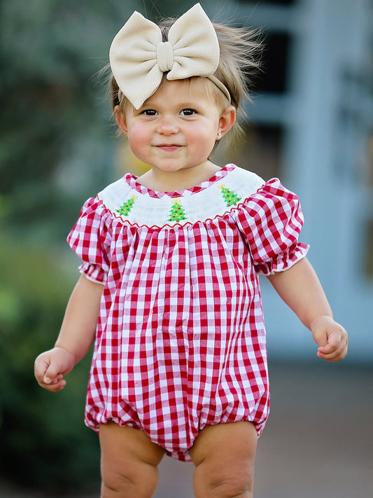 Christmas Tree Smocking Embroidered Girls Romper
