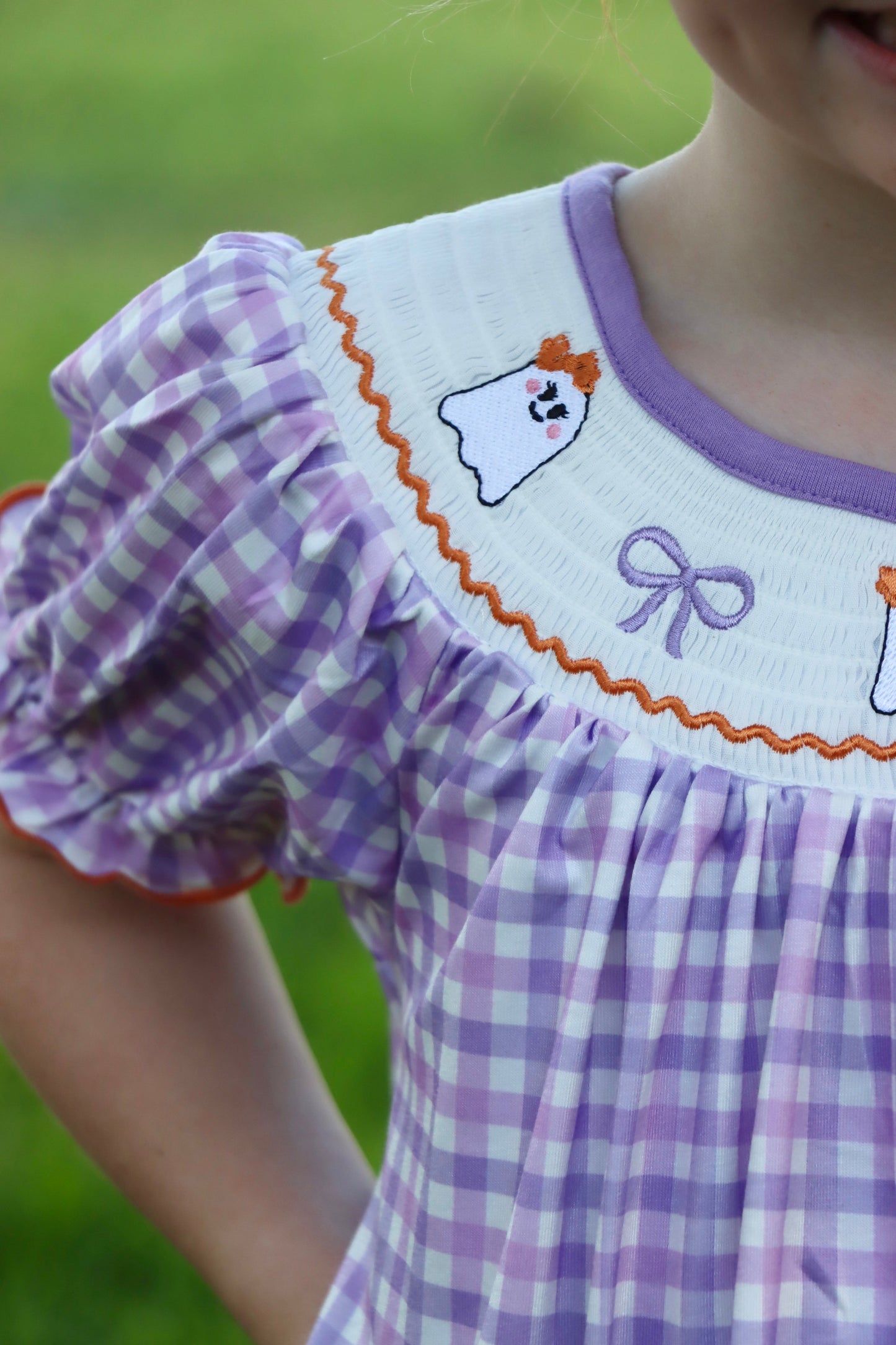 Halloween Girls Purple Smocking Ghost Bow Embroidery Plaid Dress