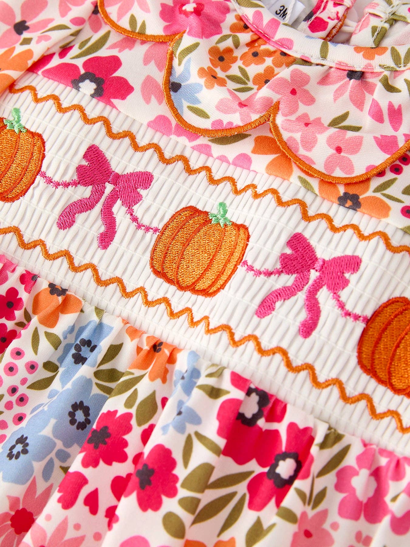 Halloween Pumpkin Bow Smock Embroidered Floral Baby Girl Romper