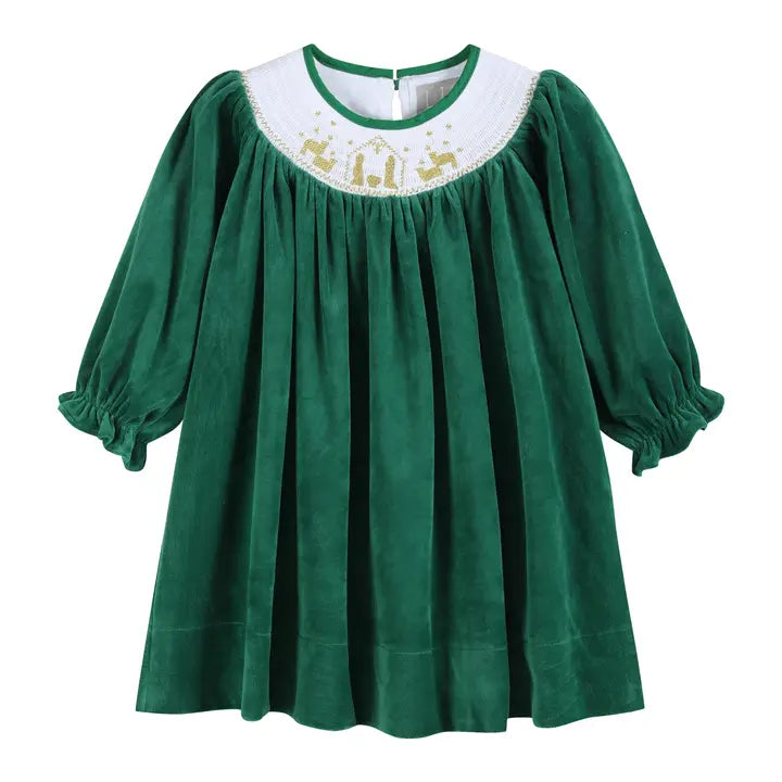 Green Velour Nativity Smocked Dress