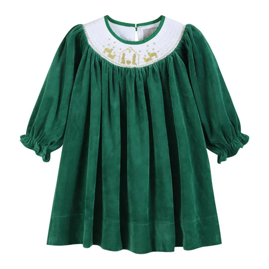 Green Velour Nativity Smocked Dress