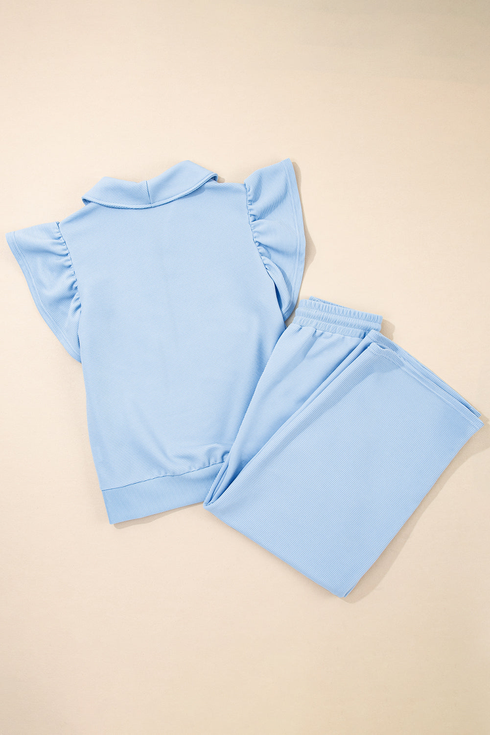 Apricot Textured Ruffled Sleeve Zipped Top and Wide Leg Pants Set