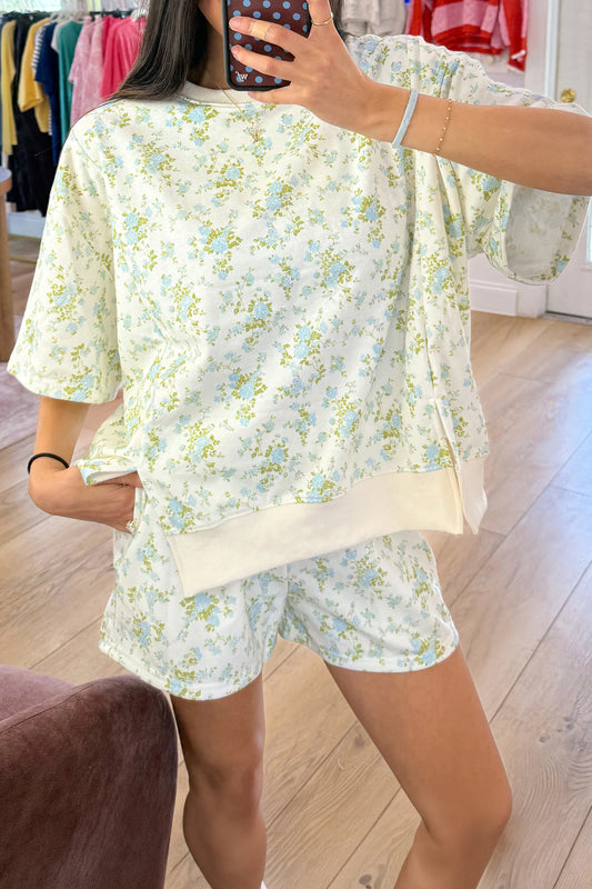 Floral Print Short Sleeve Elastic Waist Pocket Two Piece Set