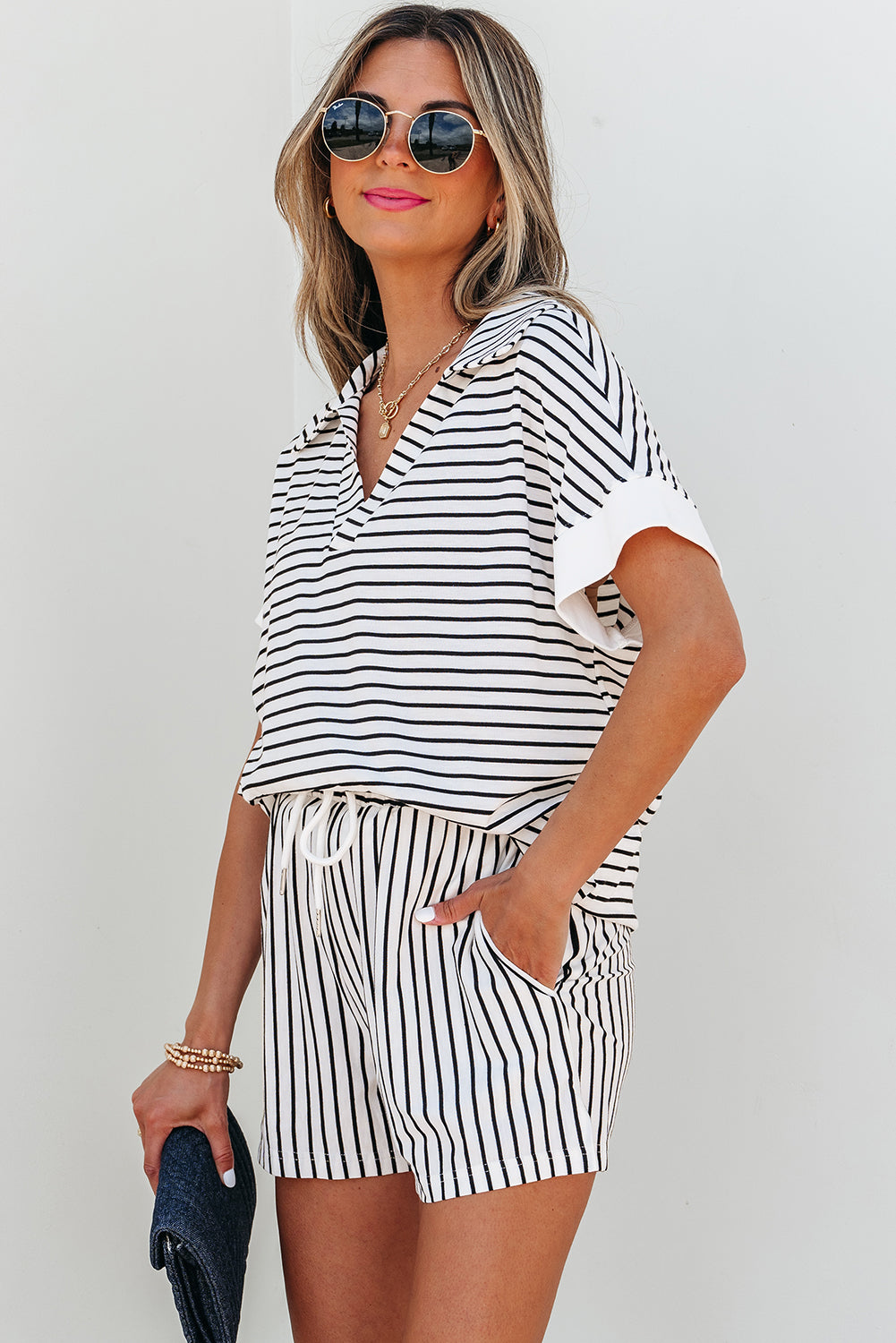 Sky Blue Stripe V Neck Tee and Casual Short Set