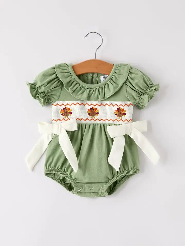 Fall Thanksgiving Chicken Smock Embroidered Green Baby Girl Romper