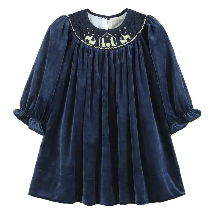 Navy Blue Velvet Gold Nativity Smocked Bishop Dress