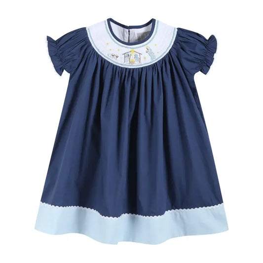 Dark Blue Nativity Smocked Bishop Dress