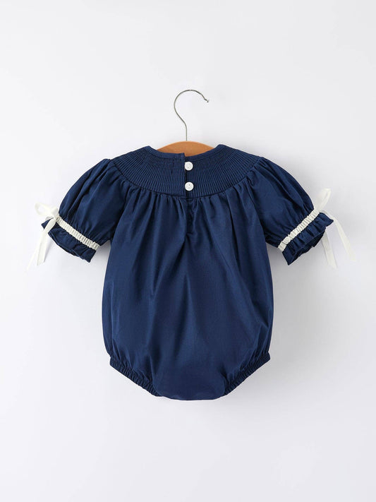 Navy Blue Nativity Smocking Embroidered Baby Girls Christmas Romper