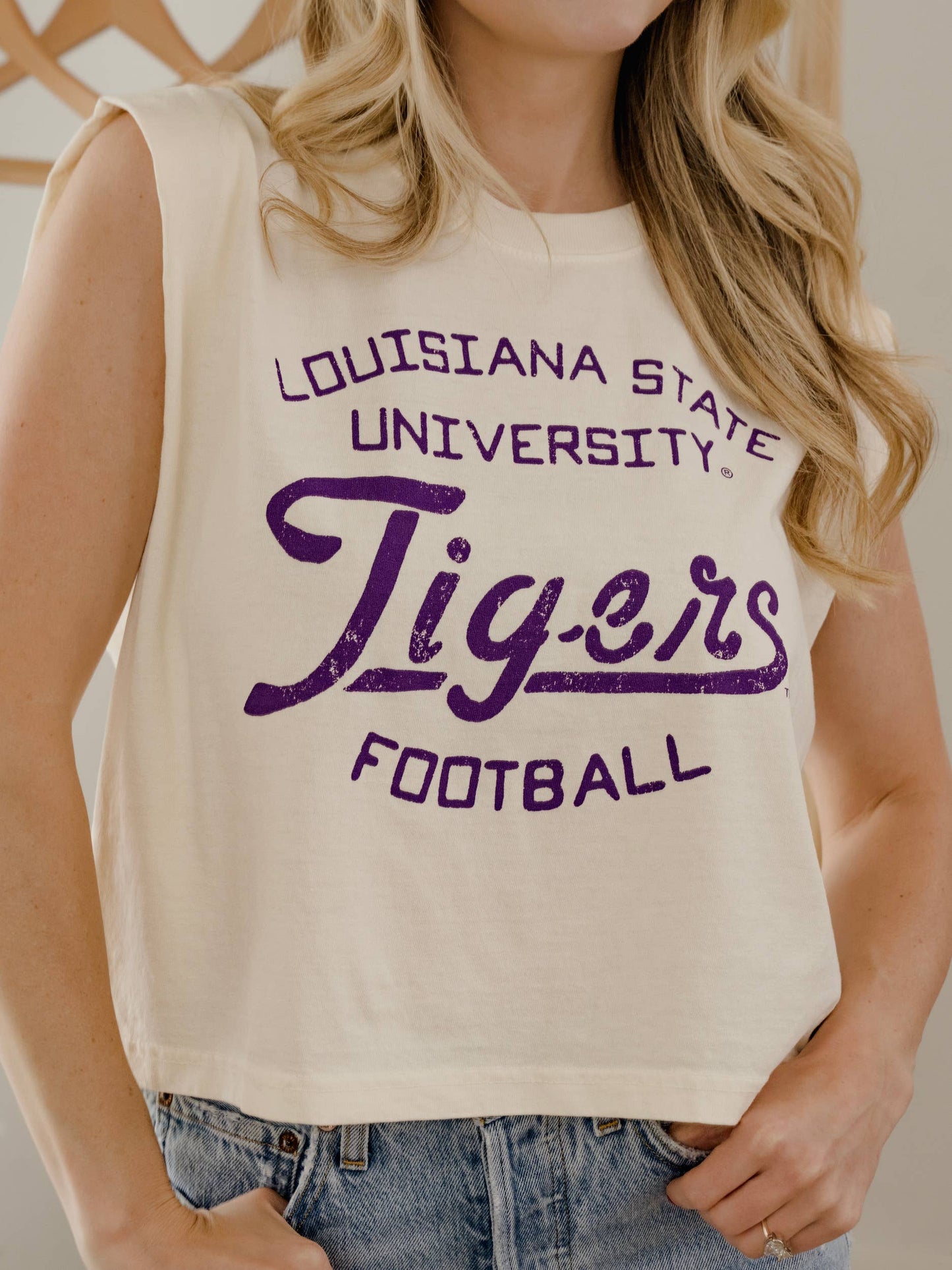 Geaux LSU Tigers Football Stencil Off White Tank