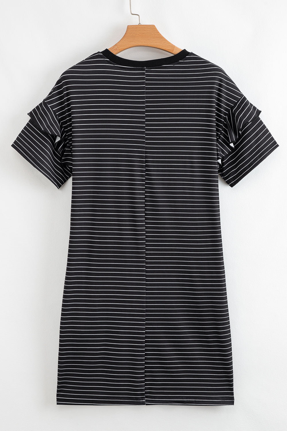 Green Stripe Ruffled Short Sleeve Crew Neck T Shirt Shift Mini Dress