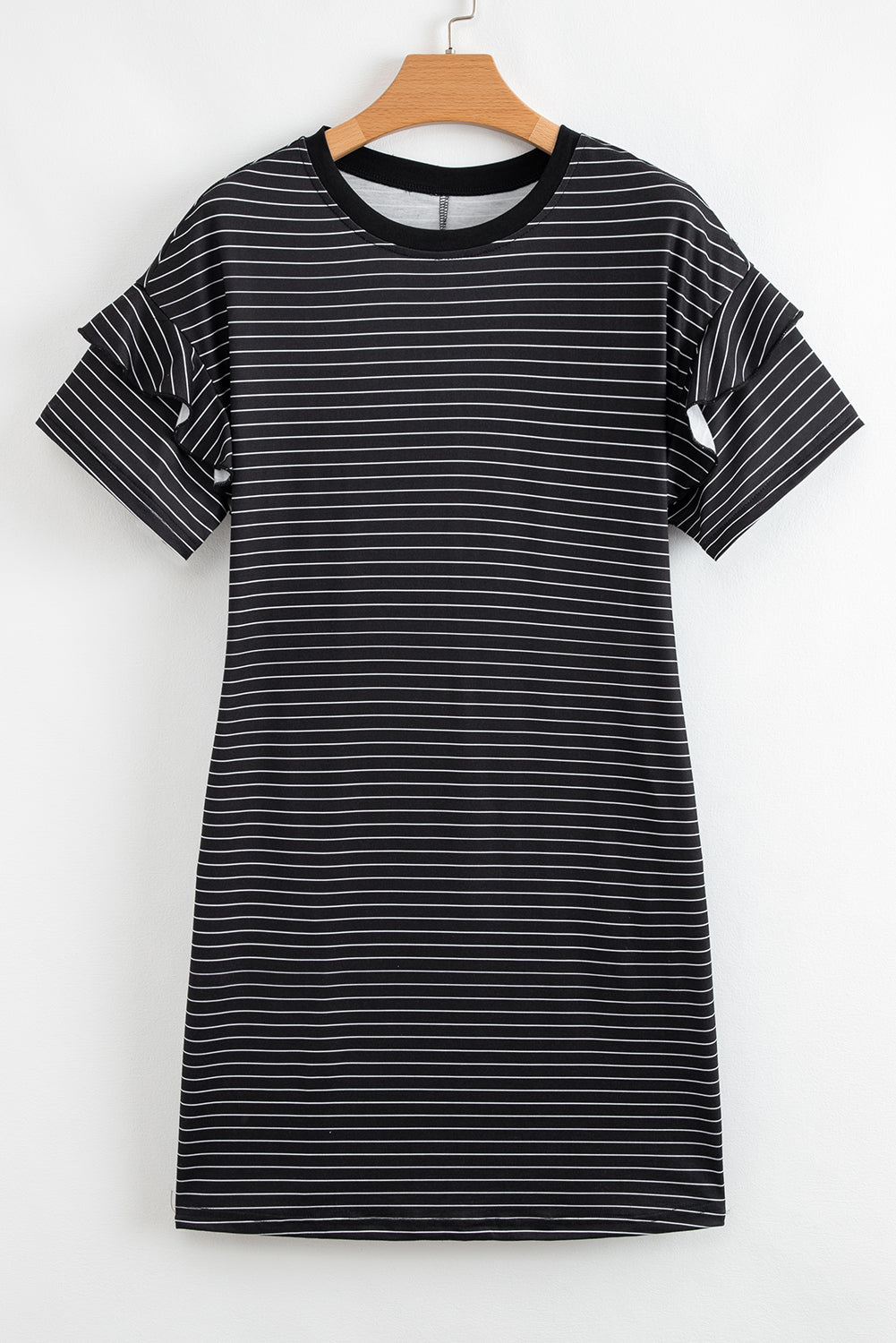 Green Stripe Ruffled Short Sleeve Crew Neck T Shirt Shift Mini Dress