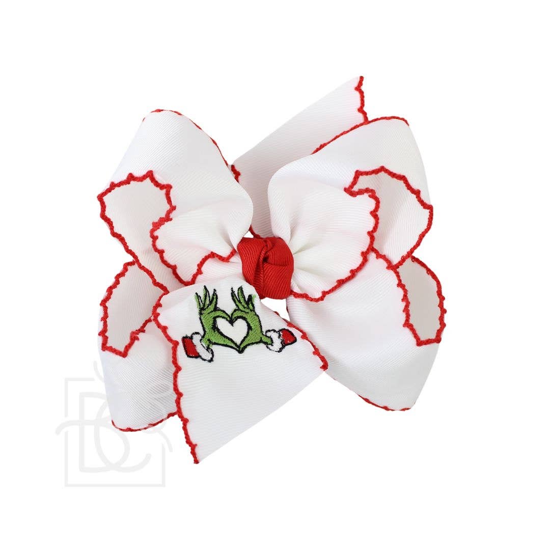 EMBROIDERED GRINCH HEART CROCHET EDGE HAIR BOWS