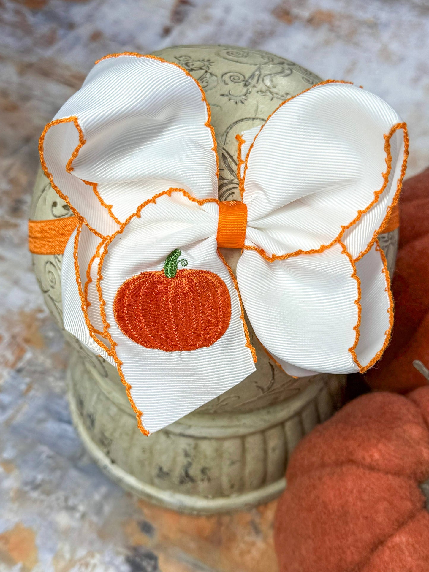 Pumpkin Embroidered Moonstitch Bow Headband: Fall 2025
