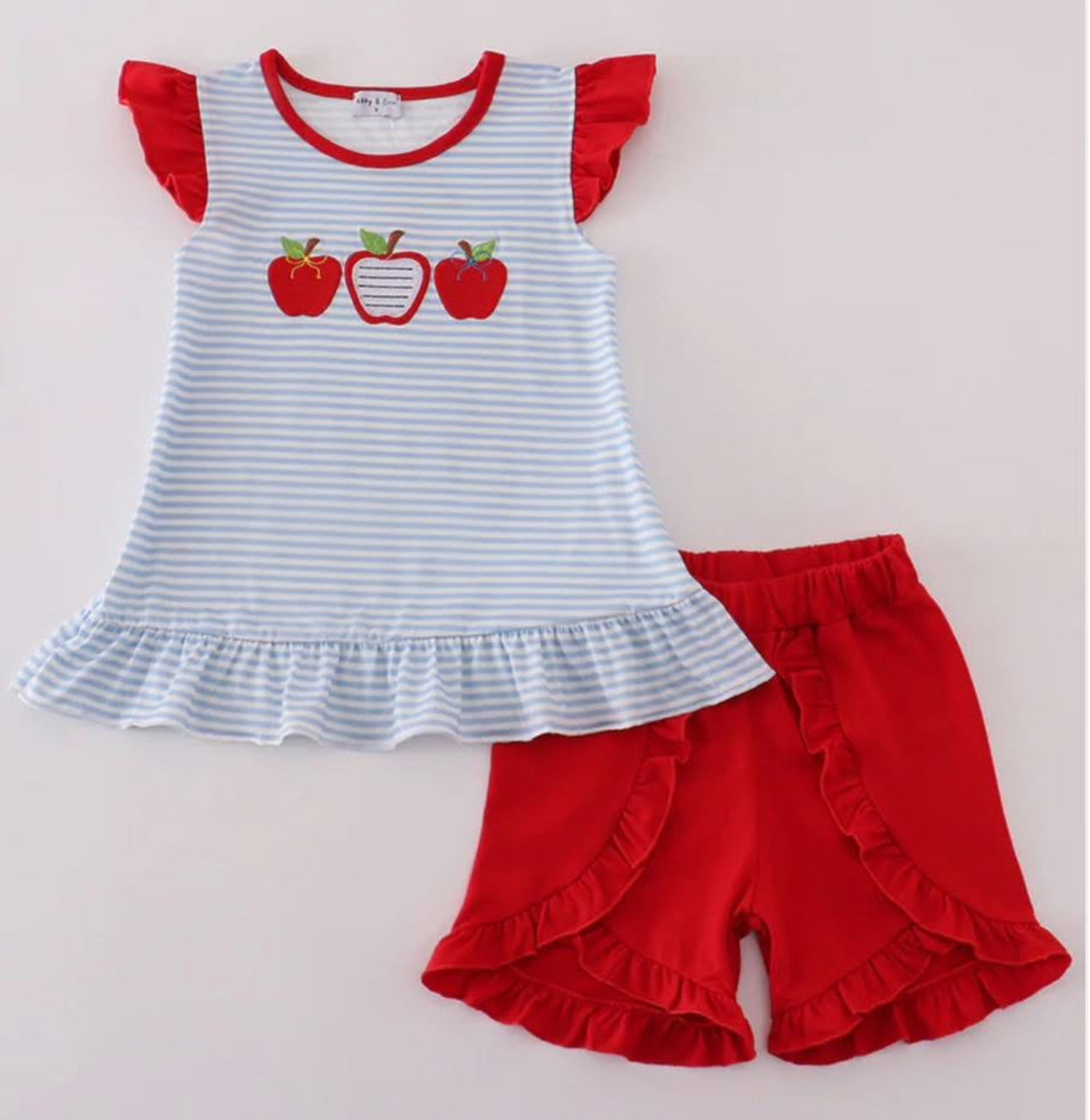 Red Stripe Apple Embroidery Ruffe Shorts Set