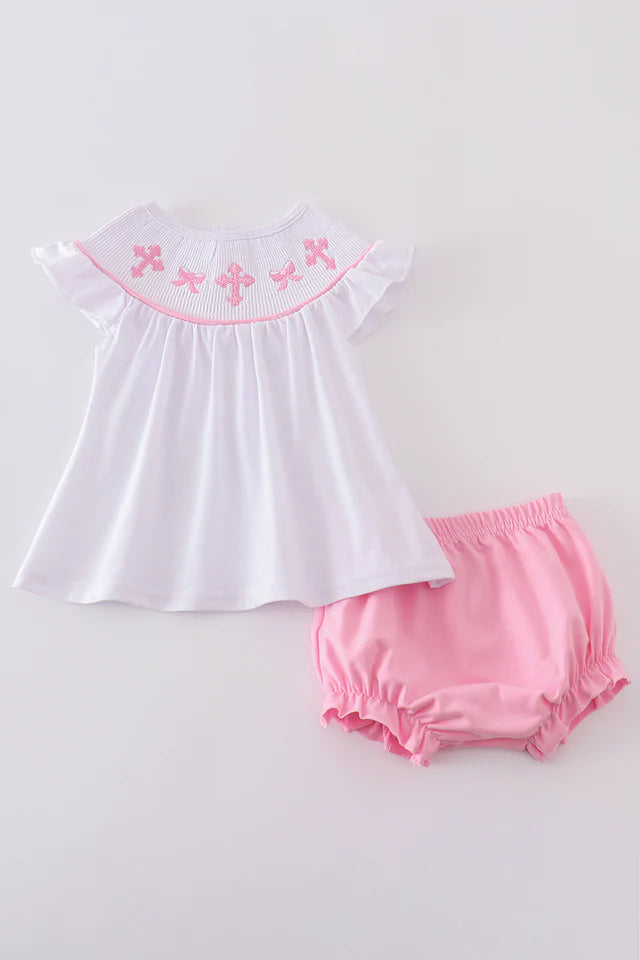 Pink Cross Embroider Smocked Bloomer Set