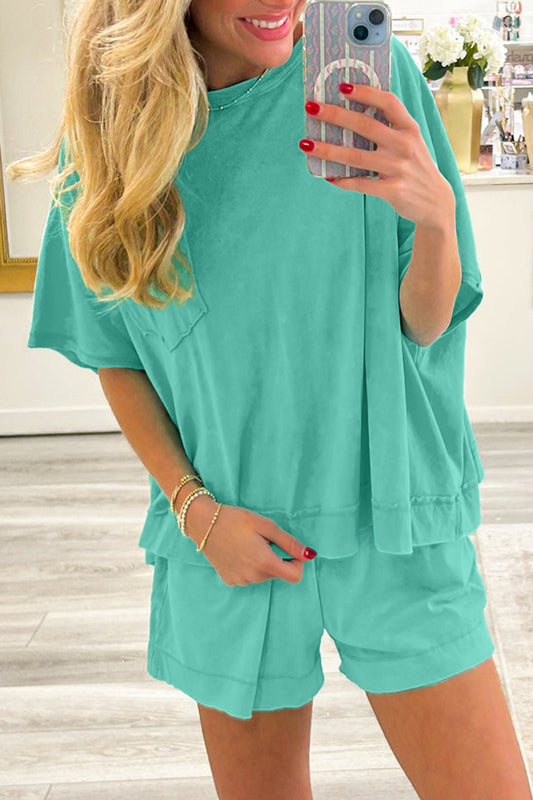 Raw Edge Patch Pocket Oversized Top and Shorts Set